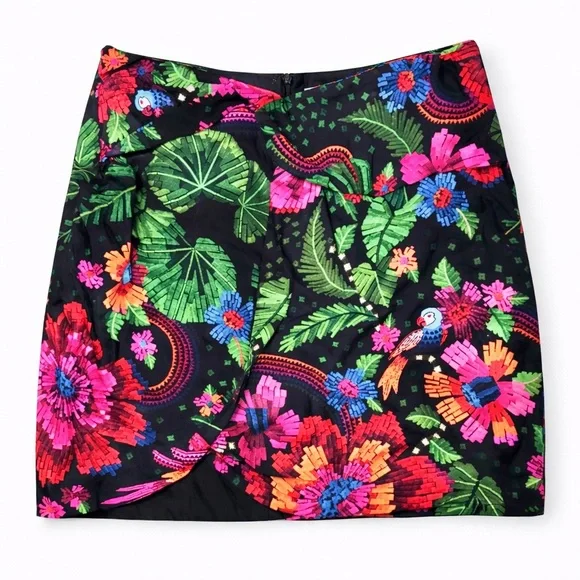Farm Rio Wrap Mini Skirt Tropical Floral Blooming Garden Black Size Medium - Picture 2 of 9